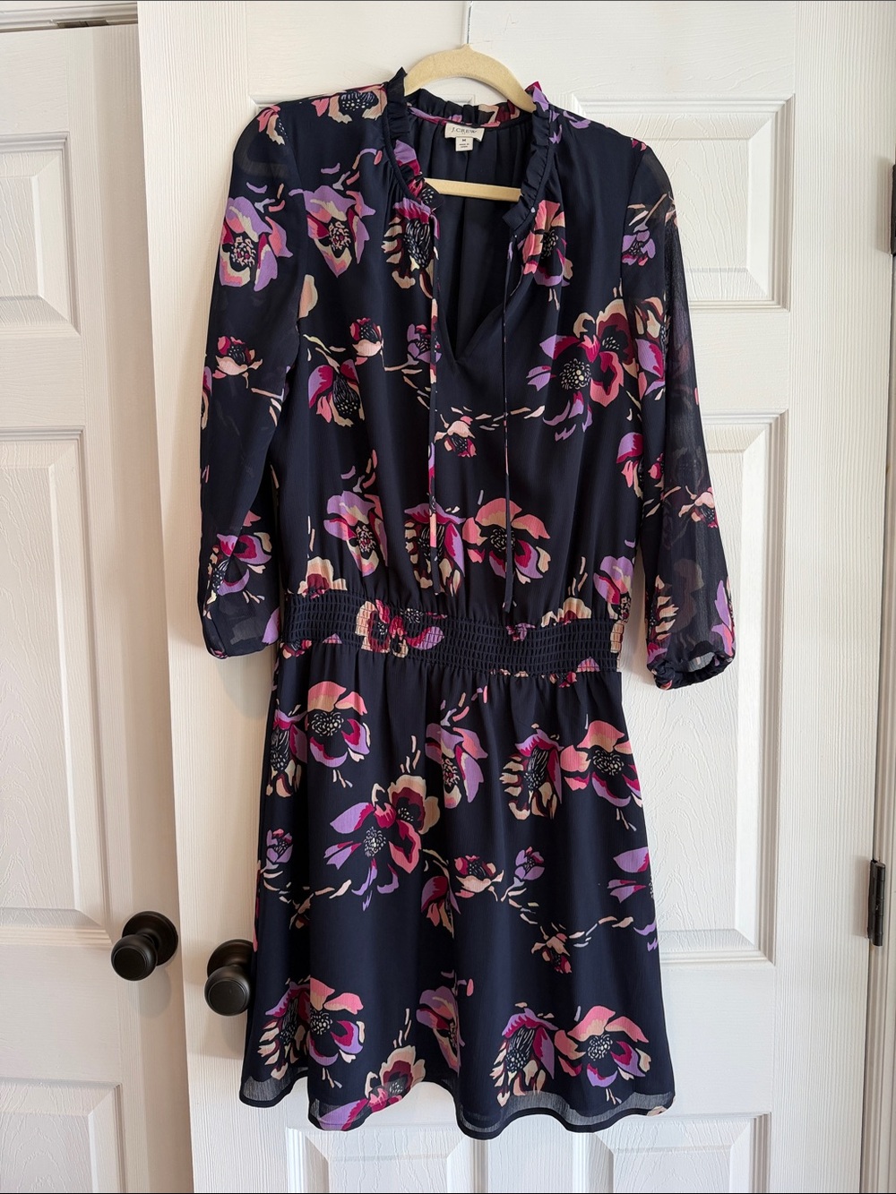 J. Crew Navy Long-Sleeve Floral Dress with Pink & Purple Flowers